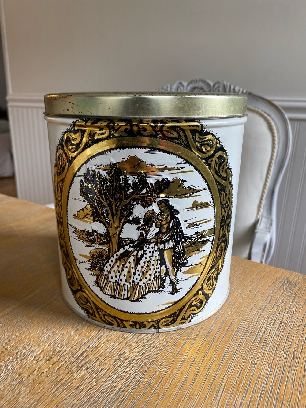 Vintage Lithographed Romance Scene Tin Canister